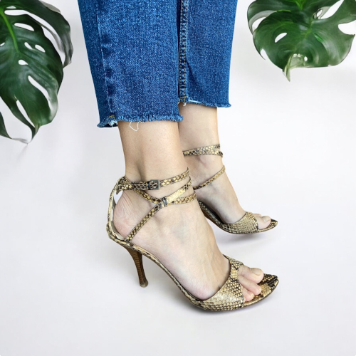 SERGIO ROSSI Beige Python Leather Ankle Strap Heeled Sandals, Size 40