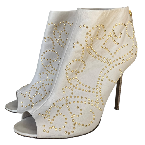 SERGIO ROSSI White Leather Gold Studded Peep Toe Zipper Ankle Boots, Size 36