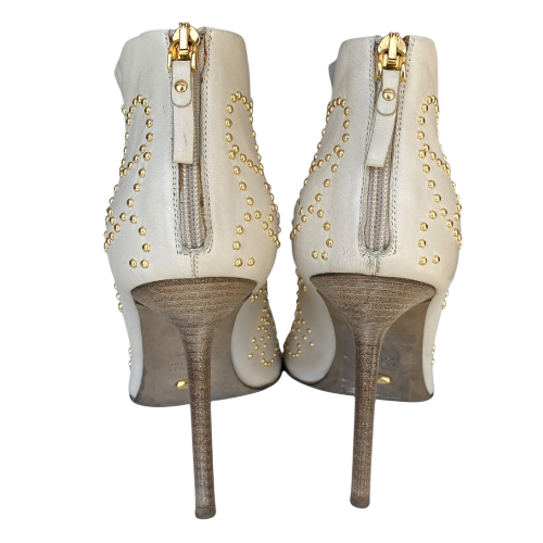 SERGIO ROSSI White Leather Gold Studded Peep Toe Zipper Ankle Boots, Size 36
