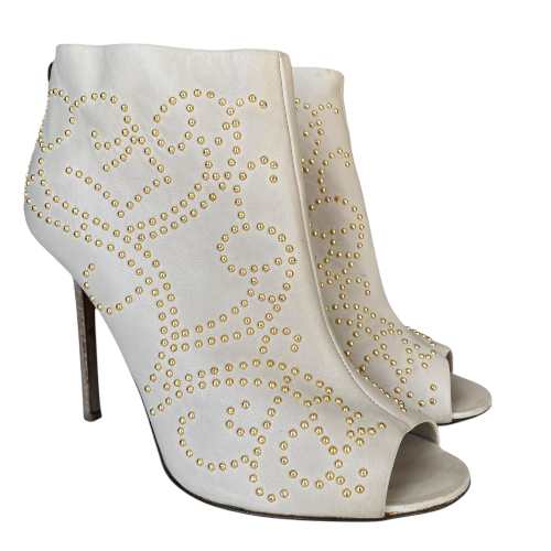 SERGIO ROSSI White Leather Gold Studded Peep Toe Zipper Ankle Boots, Size 36