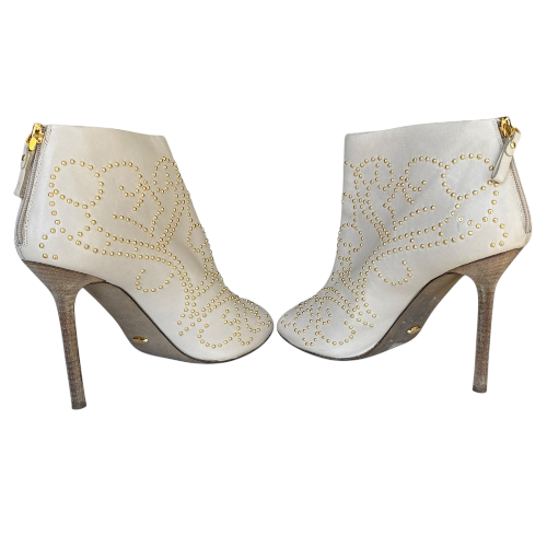 SERGIO ROSSI White Leather Gold Studded Peep Toe Zipper Ankle Boots, Size 36