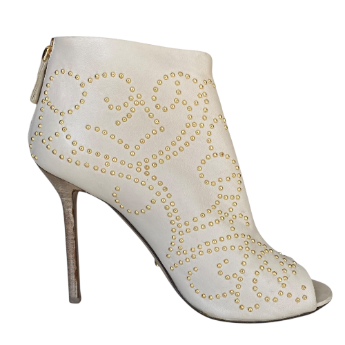 SERGIO ROSSI White Leather Gold Studded Peep Toe Zipper Ankle Boots, Size 36