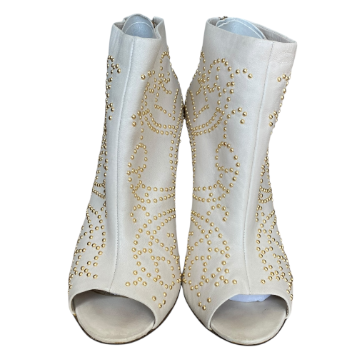 SERGIO ROSSI White Leather Gold Studded Peep Toe Zipper Ankle Boots, Size 36