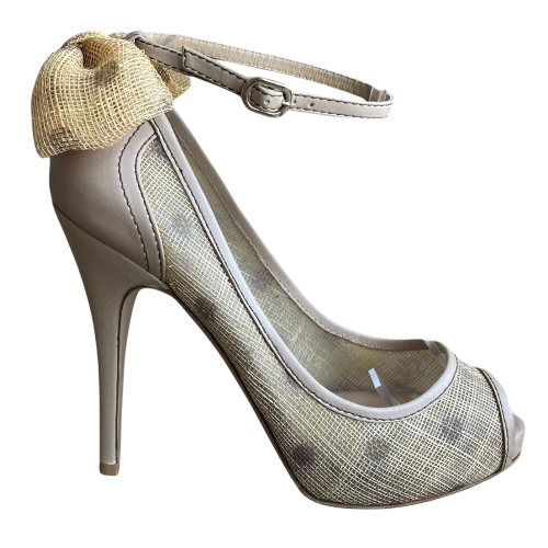 VALENTINO Beige Jute & Leather Polkadot Bow Peep Toe Ankle Strap Pumps, Size 39