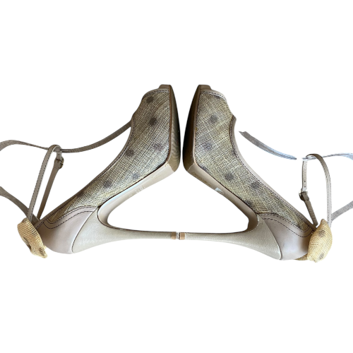VALENTINO Beige Jute & Leather Polkadot Bow Peep Toe Ankle Strap Pumps, Size 39