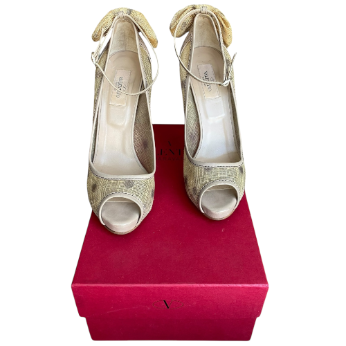 VALENTINO Beige Jute & Leather Polkadot Bow Peep Toe Ankle Strap Pumps, Size 39