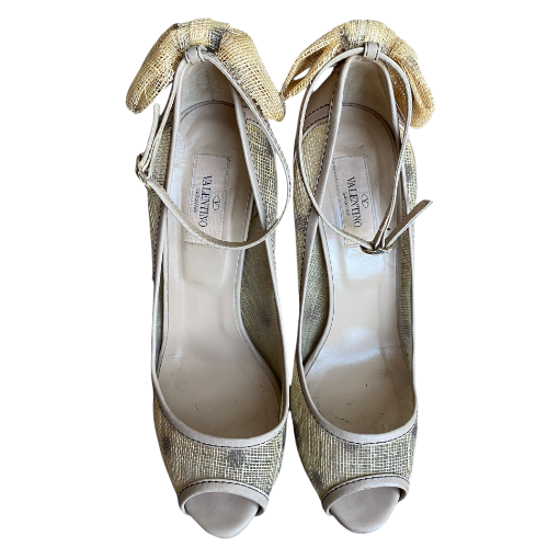 VALENTINO Beige Jute & Leather Polkadot Bow Peep Toe Ankle Strap Pumps, Size 39