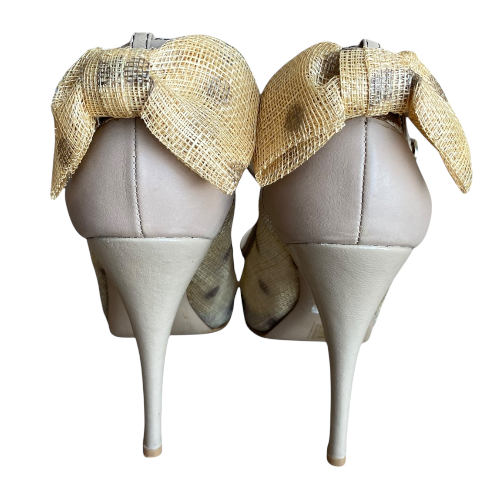 VALENTINO Beige Jute & Leather Polkadot Bow Peep Toe Ankle Strap Pumps, Size 39