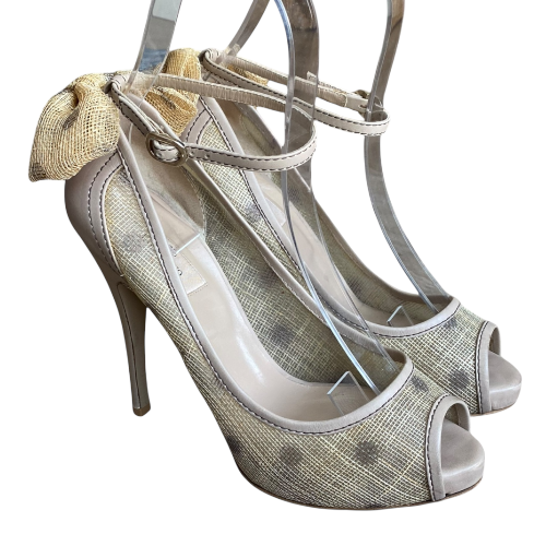 VALENTINO Beige Jute & Leather Polkadot Bow Peep Toe Ankle Strap Pumps, Size 39