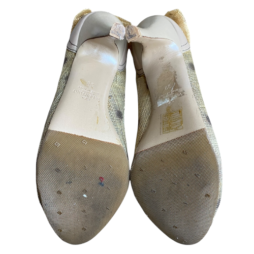 VALENTINO Beige Jute & Leather Polkadot Bow Peep Toe Ankle Strap Pumps, Size 39