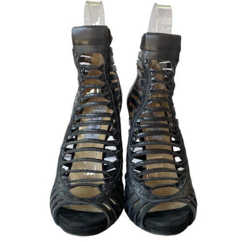 JIMMY CHOO Black Leather Caged Peep Toe Strappy Bootie Sandals, Size 38.5