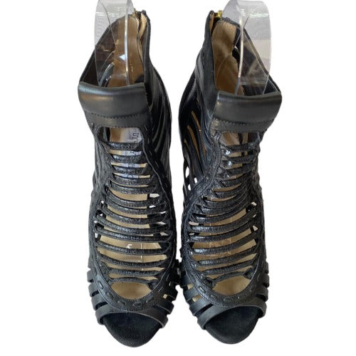 JIMMY CHOO Black Leather Caged Peep Toe Strappy Bootie Sandals, Size 38.5