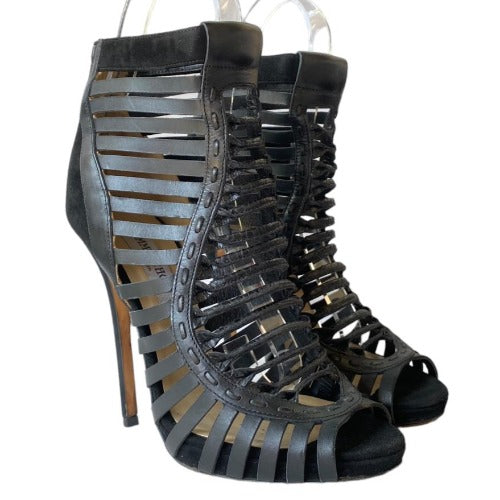 JIMMY CHOO Black Leather Caged Peep Toe Strappy Bootie Sandals, Size 38.5