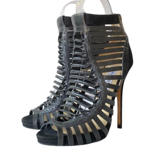 JIMMY CHOO Black Leather Caged Peep Toe Strappy Bootie Sandals, Size 38.5