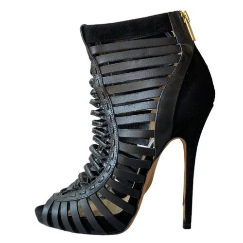 JIMMY CHOO Black Leather Caged Peep Toe Strappy Bootie Sandals, Size 38.5