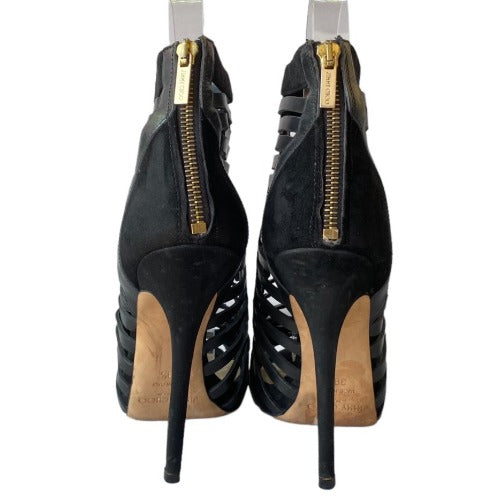 JIMMY CHOO Black Leather Caged Peep Toe Strappy Bootie Sandals, Size 38.5