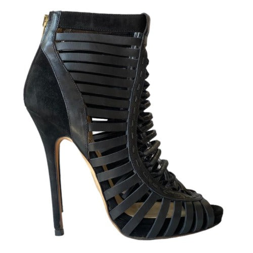 JIMMY CHOO Black Leather Caged Peep Toe Strappy Bootie Sandals, Size 38.5
