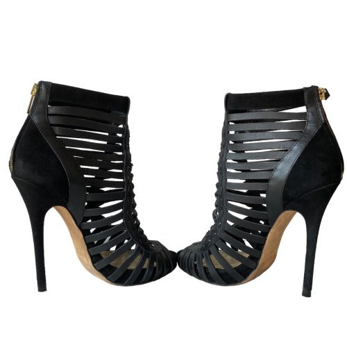 JIMMY CHOO Black Leather Caged Peep Toe Strappy Bootie Sandals, Size 38.5