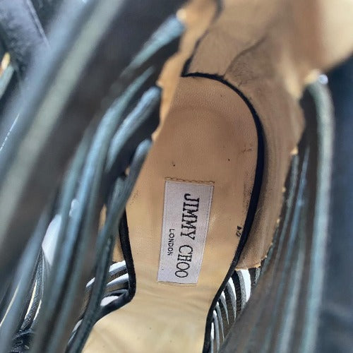 JIMMY CHOO Black Leather Caged Peep Toe Strappy Bootie Sandals, Size 38.5