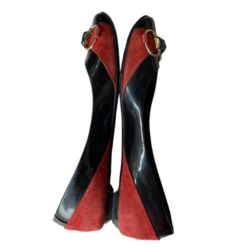 GUCCI Black Patent Leather Red Suede Bamboo Horsebit Ballerina Flats, Size 38.5
