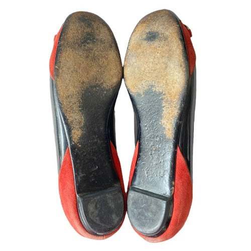 GUCCI Black Patent Leather Red Suede Bamboo Horsebit Ballerina Flats, Size 38.5