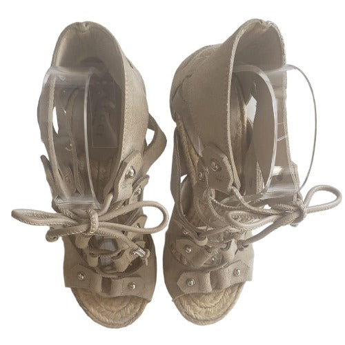 GUCCI Jasmine Beige Suede Lace Up Espadrille Heeled Sandals, Size 36.5
