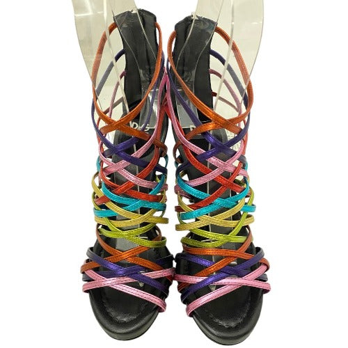 NEW DOLCE&GABBANA Metallic Rainbow Color Leather Strappy Heeled Sandals, 36.5