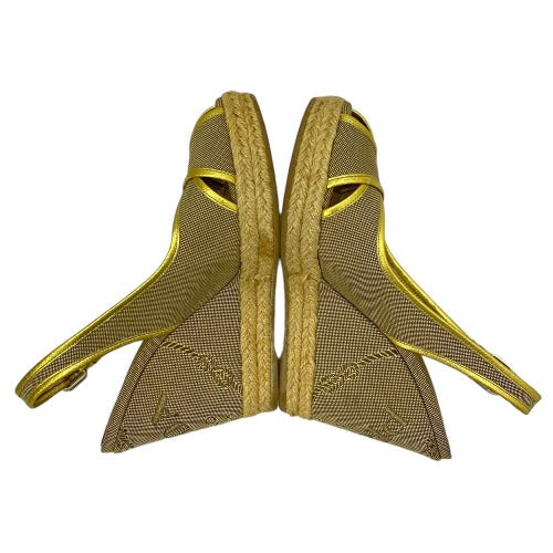 PRADA Beige & Gold Canvas Criss Cross Slingback Espadrille Wedge Sandals, 38.5