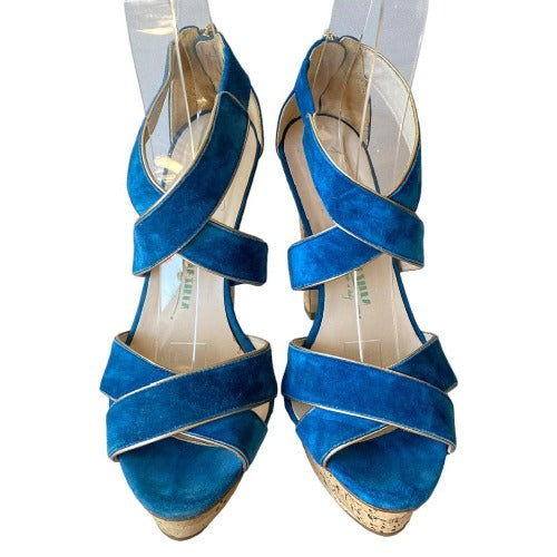 LE SILLA Blue Suede Criss Cross Strappy Cork Platform Heel Sandals, Size 38