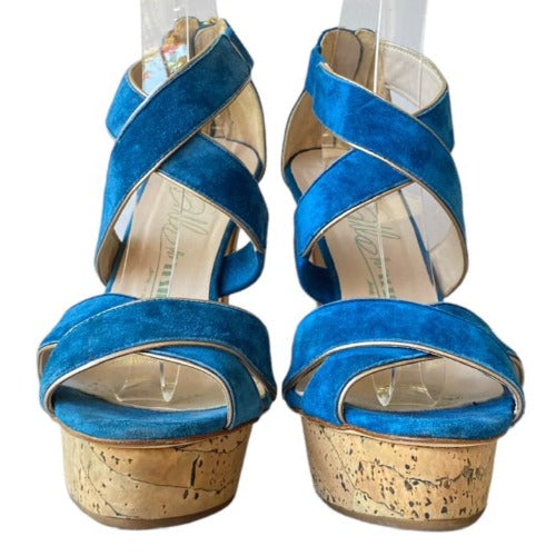 LE SILLA Blue Suede Criss Cross Strappy Cork Platform Heel Sandals, Size 38