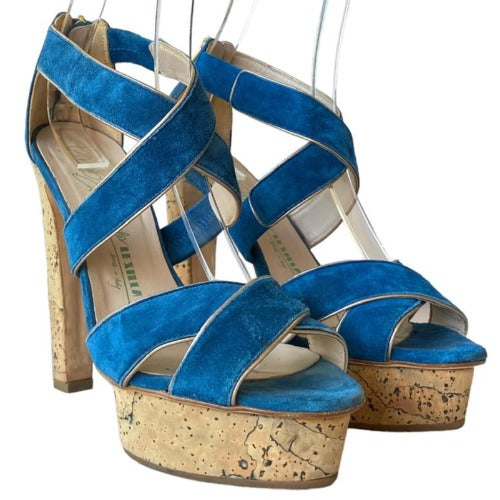 LE SILLA Blue Suede Criss Cross Strappy Cork Platform Heel Sandals, Size 38