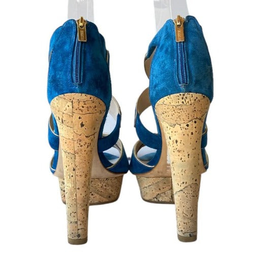LE SILLA Blue Suede Criss Cross Strappy Cork Platform Heel Sandals, Size 38