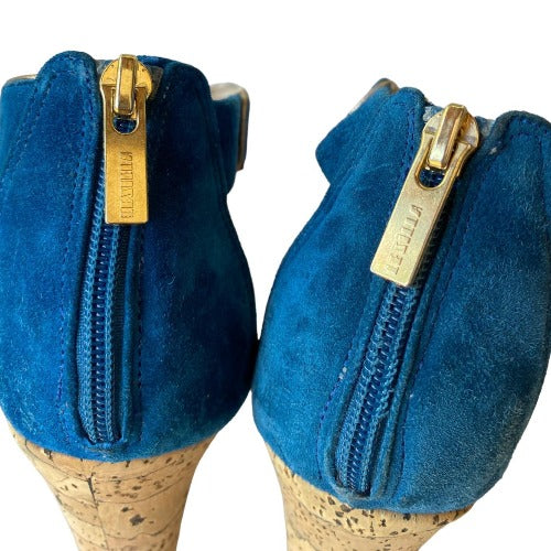 LE SILLA Blue Suede Criss Cross Strappy Cork Platform Heel Sandals, Size 38