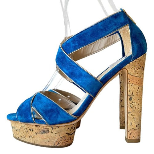 LE SILLA Blue Suede Criss Cross Strappy Cork Platform Heel Sandals, Size 38