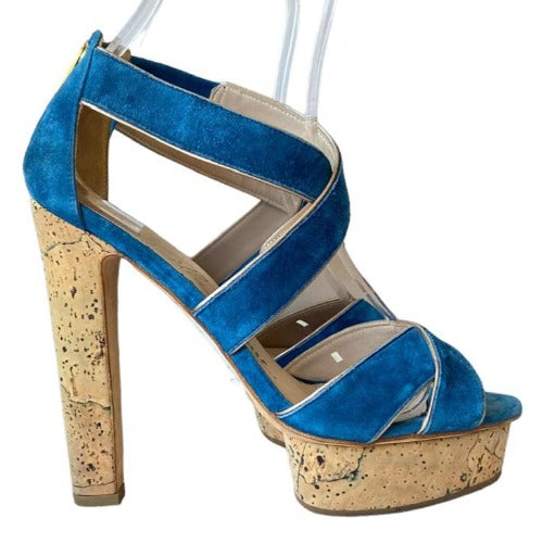 LE SILLA Blue Suede Criss Cross Strappy Cork Platform Heel Sandals, Size 38