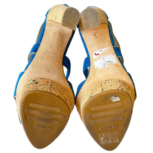 LE SILLA Blue Suede Criss Cross Strappy Cork Platform Heel Sandals, Size 38