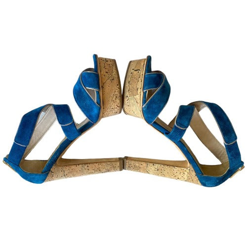 LE SILLA Blue Suede Criss Cross Strappy Cork Platform Heel Sandals, Size 38