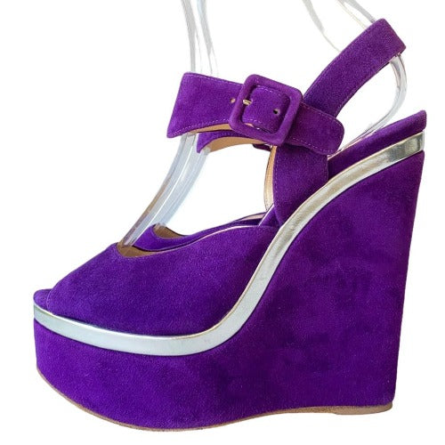 MIU MIU Purple Suede Ankle Strap Platform Wedge Sandals, Size 38