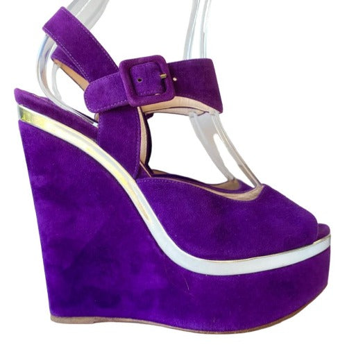 MIU MIU Purple Suede Ankle Strap Platform Wedge Sandals, Size 38