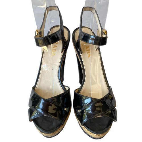PRADA Black Patent Leather, Crisscross & Ankle Strap Cork Platform Sandals, 36.5