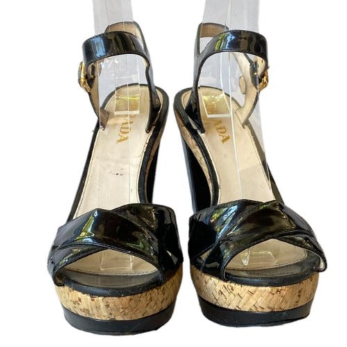 PRADA Black Patent Leather, Crisscross & Ankle Strap Cork Platform Sandals, 36.5