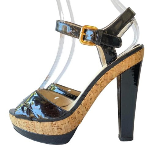 PRADA Black Patent Leather, Crisscross & Ankle Strap Cork Platform Sandals, 36.5