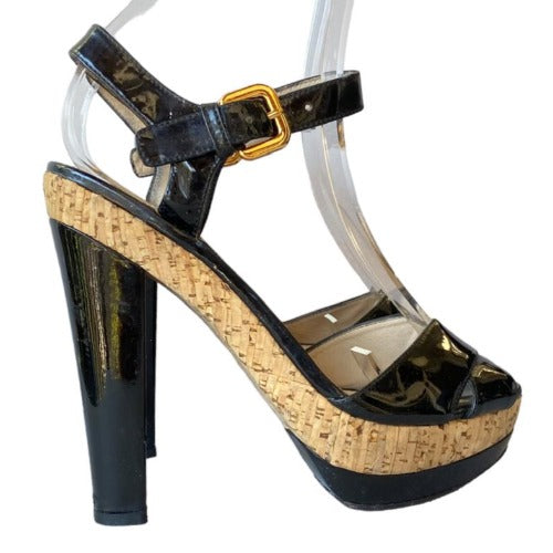 PRADA Black Patent Leather, Crisscross & Ankle Strap Cork Platform Sandals, 36.5
