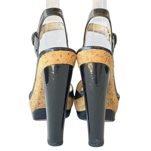 PRADA Black Patent Leather, Crisscross & Ankle Strap Cork Platform Sandals, 36.5