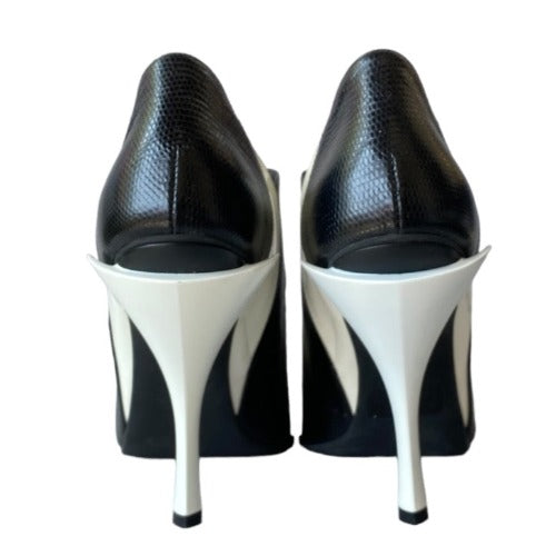 NEW FENDI White Patent Leather, Black Lizard Embossed Peep Toe Bootie, Size 38
