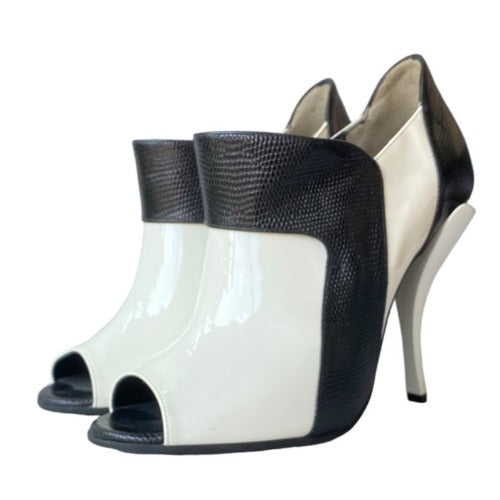 NEW FENDI White Patent Leather, Black Lizard Embossed Peep Toe Bootie, Size 38