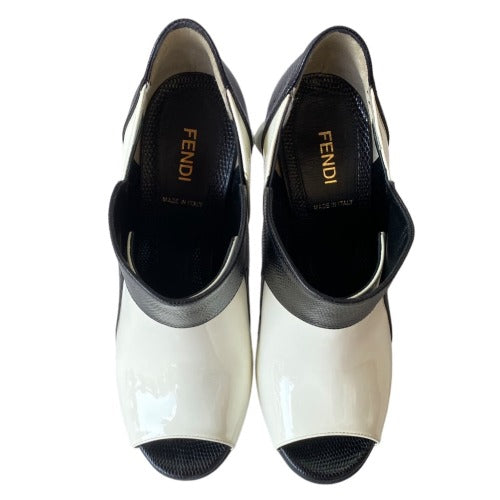 NEW FENDI White Patent Leather, Black Lizard Embossed Peep Toe Bootie, Size 38