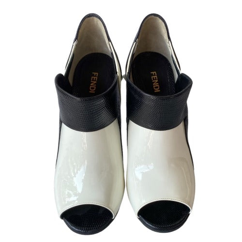 NEW FENDI White Patent Leather, Black Lizard Embossed Peep Toe Bootie, Size 38