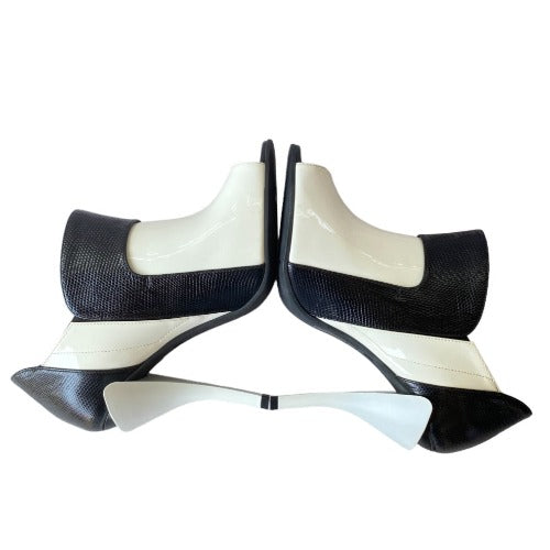 NEW FENDI White Patent Leather, Black Lizard Embossed Peep Toe Bootie, Size 38