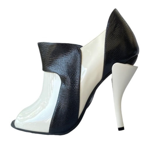 NEW FENDI White Patent Leather, Black Lizard Embossed Peep Toe Bootie, Size 38